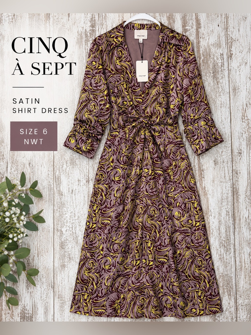 Cinq à Sept Abstract Floral Satin Shirt Dress Size 6 NWT Belted Midi Dress